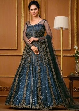 Blue Embroidered Net Salwar Suit With Dupatta