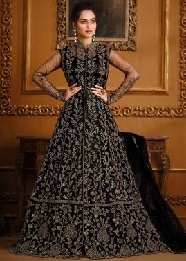 Black Sequins Embroidered Anarkali Suit In Net