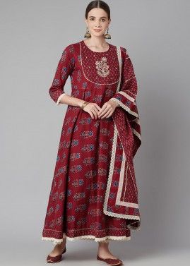Floral Printed Readymade Pant Suit In Red