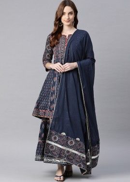 Navy Blue Readymade Printed Palazzo Suit