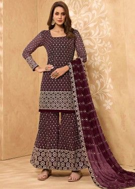 Embroidered Georgette Sharara Suit In Magenta 