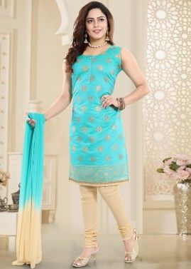 Zari Embroidered Blue Readymade Salwar Suit