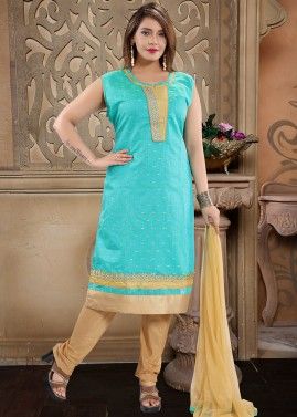 Blue Zari Embroidered Readymade Suit In Silk