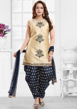 Stone Embellished Cream Readymade Suit With Patiala