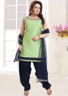 Green Embroidered Readymade Salwar Suit In Art Silk