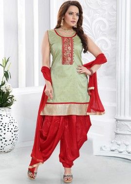 Green Readymade Salwar Suit With Net Dupatta