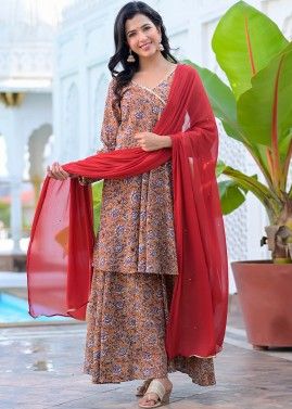 Brown Readymade Angrakha Style Palazzo Suit