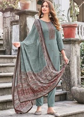 Blue Thread Embroidered Cotton Suit With Pants