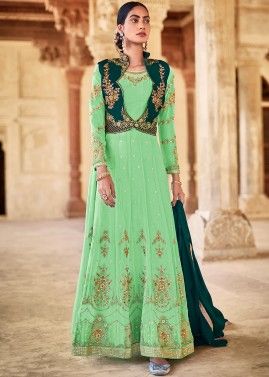 Green Flared Georgette Suit With Zari Embroidery