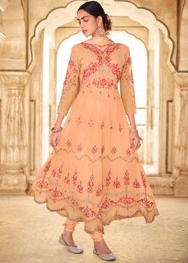 Peach Anarkali Suit With Floral Thread Embroidery