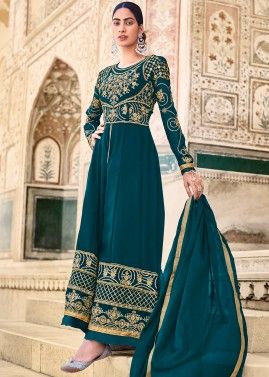 Embroidered Blue Georgette Suit With Front Slit