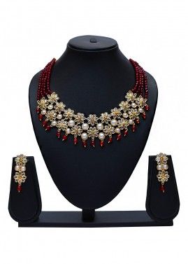 Kundan Studded Maroon Necklace And Earrings Set