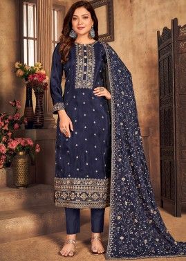 Blue Thread Embroidered Salwar Suit With Dupatta