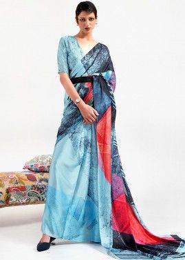 Blue Half N Half Printed Saree With Blouse