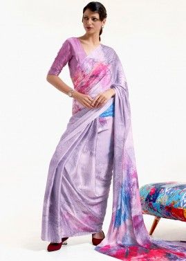 Purple Abstract Print Saree With Blouse
