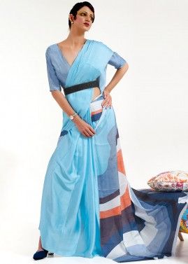 Blue Abstract Print Satin Saree With Blouse