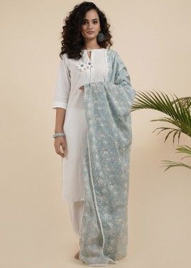 White Cotton Readymade Suit With Printed Dupatta