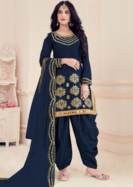 Blue Embroidered Punjabi Silk Salwar Suit