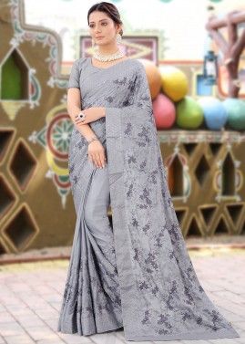 Grey Embroidered Art Silk Saree With Blouse