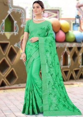 Green Embroidered Saree With Blouse