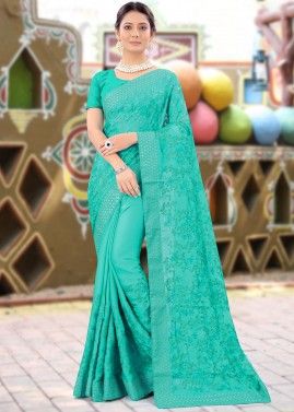 Turquoise Embroidered Saree With Blouse