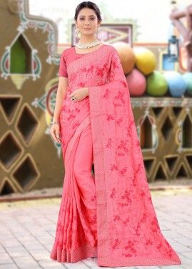 Pink Floral Embroidered Saree With Blouse