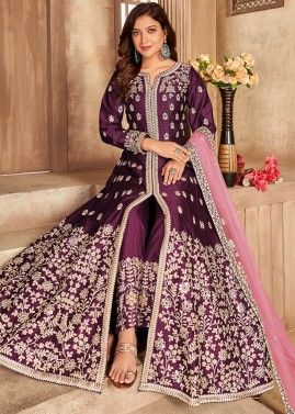 Purple Embroidered Anarkali Salwar Suit With Slit