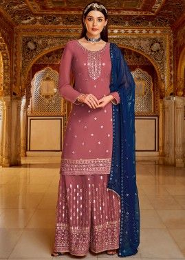 Pink Gota Embellished Palazzo Style Suit In Georgette
