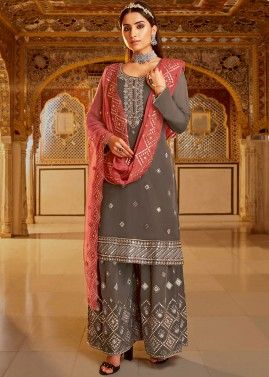 Grey Georgette Suit With Embroidered Heavy Palazzo
