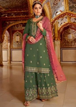Sequins Embroidered Green Georgette Suit With Palazzo