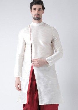 Readymade White Angrakha Style Dupion Silk Slit Kurta