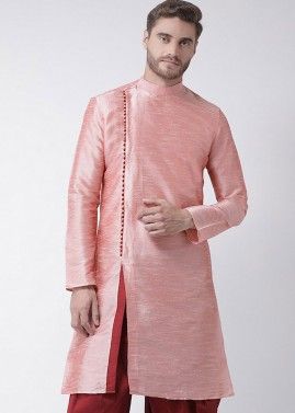 Readymade Pink Angrakha Style Dupion Silk Slit Kurta