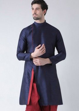 Readymade Navy Blue Dupion Silk Angrakha Style Slit Kurta