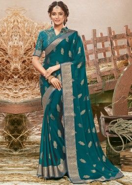 Blue Printed Festive Saree With Blouse