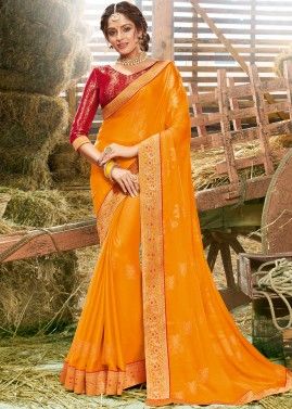 Orange Printed Festive Saree In Chiffon