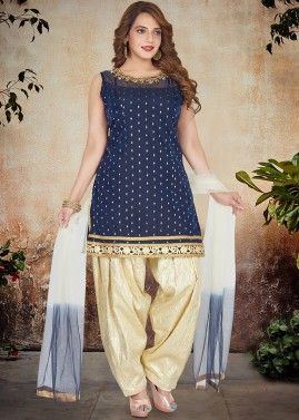 Blue Embroidered Readymade Suit With Patiala