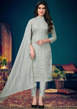 Grey Embroidered Pant Style Suit In Chanderi