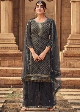 Grey Embroidered Palazzo Style Georgette Suit