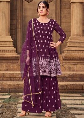 Purple Embroidered Gharara Style Suit In Georgette