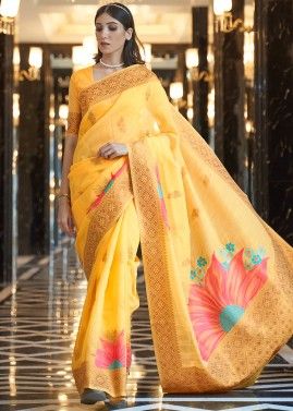 Yellow Linen Woven Saree With Blouse