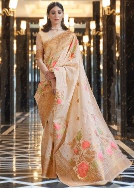 Beige Floral Woven Linen Saree With Blouse
