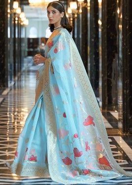 Blue Floral Woven Linen Saree With Blouse