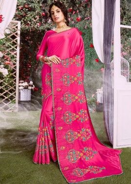 Pink Floral Embroidered Heavy Border Saree