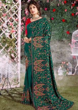 Green Embroidered Heavy Pallu Saree With Blouse