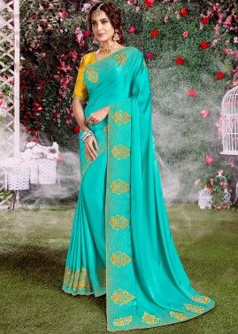 Turquoise Embroidered Heavy Border Saree