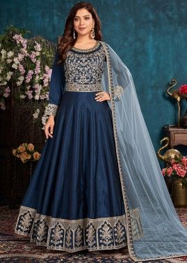 Blue Embroidered Anarkali Salwar Suit With Dupatta