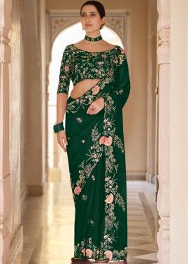 Green Embroidered Heavy Border Saree With Blouse