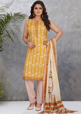 Readymade Printed Pant Suit Set In Yellow