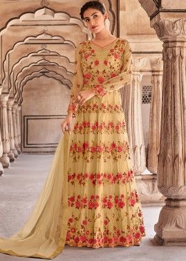 Yellow Floral Embroidered Suit In Anarkali Style