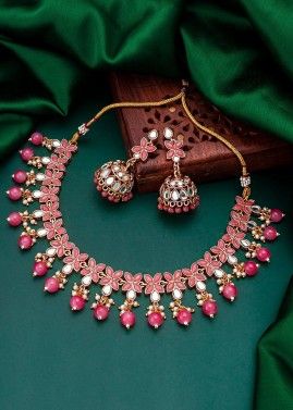 Pink Stone Studded Festive Necklace Set